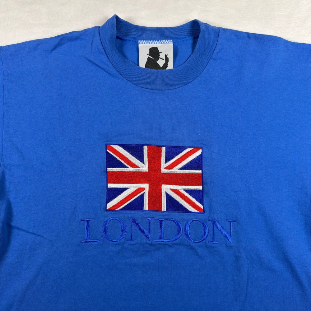 Vintage Exclusively Churchill London T-Shirt Blue Embroidered Flag Mens Small